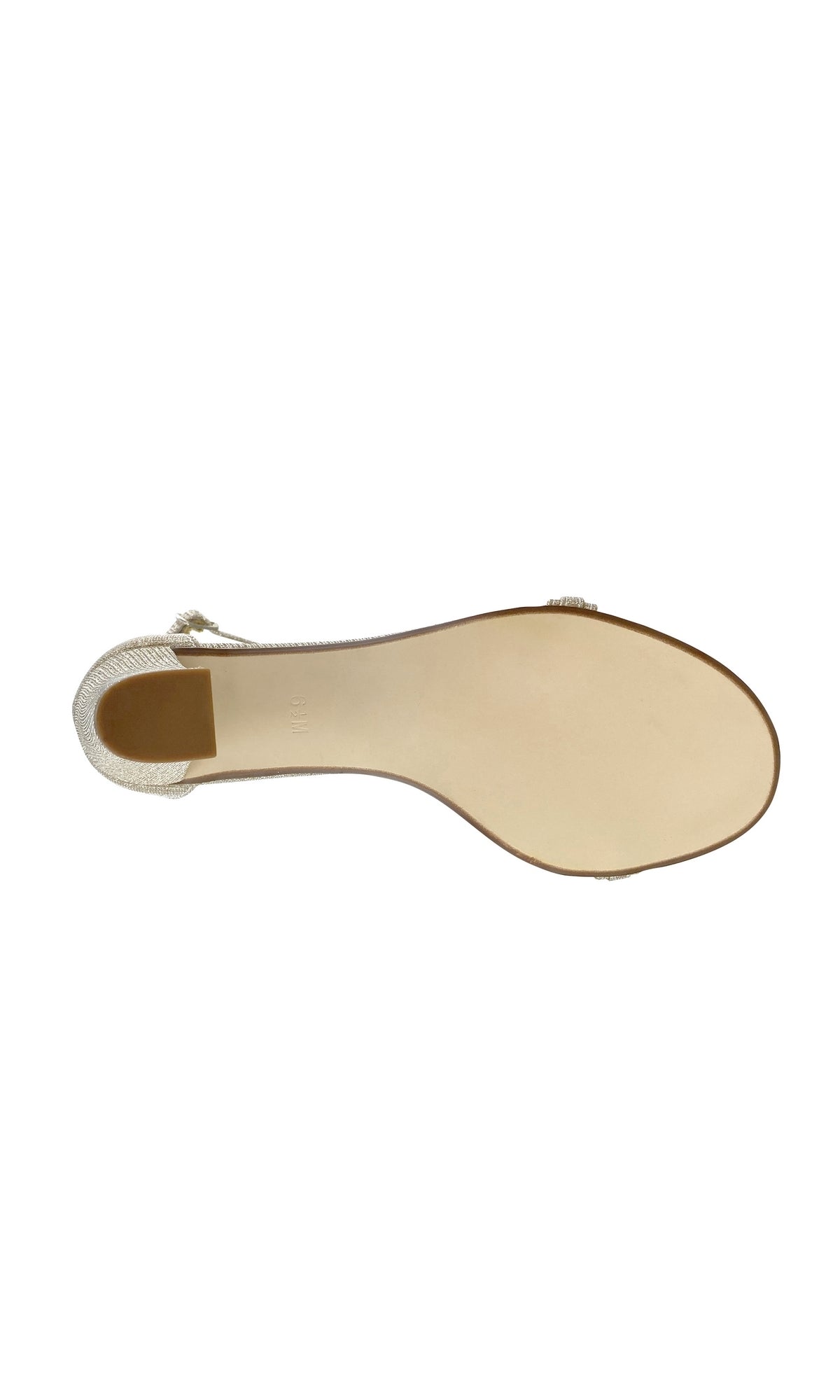 Bottom view of a single beige women’s shoe with a flat, smooth sole and open back heel, ideal for pairing with Camila Champagne 2.75in Prom Shoes by Touch Ups 4522.